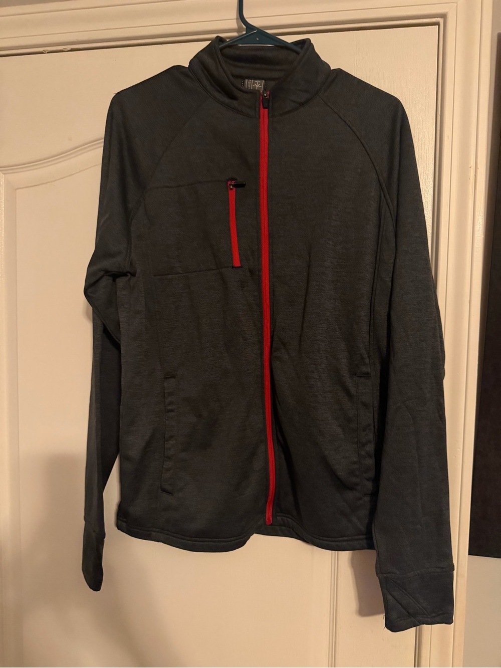 Men's Dark Gray Full-Zip Sweater with Red Trim